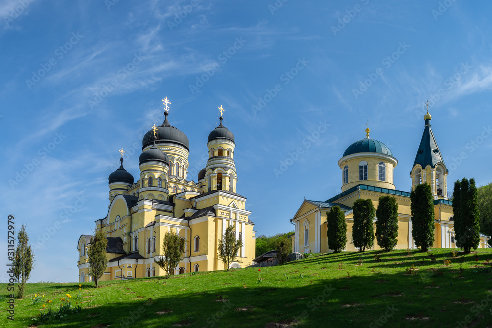 Beautiful panoramic view of two stone orthodox churches in Hincu Monastery, Moldova Beautiful panoramic view of two stone orthodox churches in Hincu Monastery, Moldova