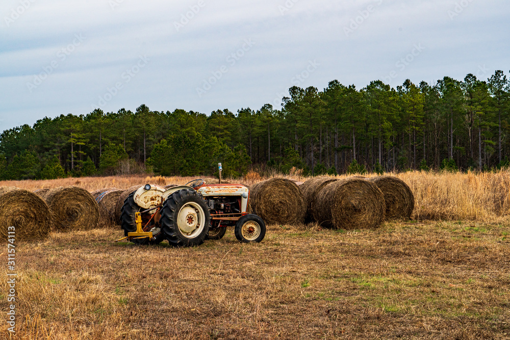 Obraz premium bales of hay and tractor in a field
