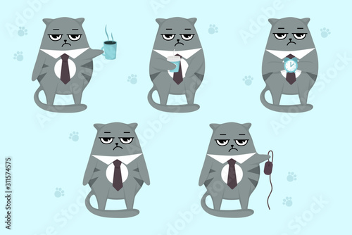 Grumpy cat boss with cup, clock.Cartoom business funny set.