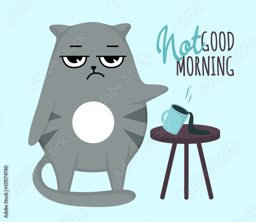 Grumpy cat character knock over a cup coffee funny postcard with slogans lettering. Cartoon flat style  ideal for cards posters, social media.