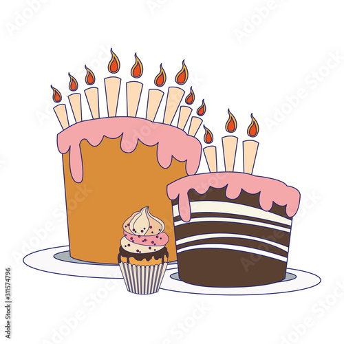 birthday cakes with candles and cupcake