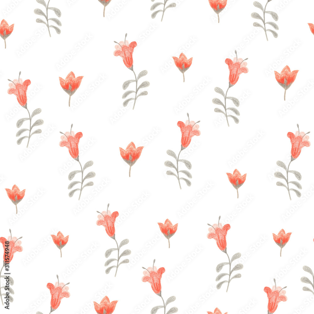 Seamless background. Drawing flowers in the style of primitive art. Hand-drawn illustration for printing on fabric, clothing, tableware, wrapping paper, Wallpaper.