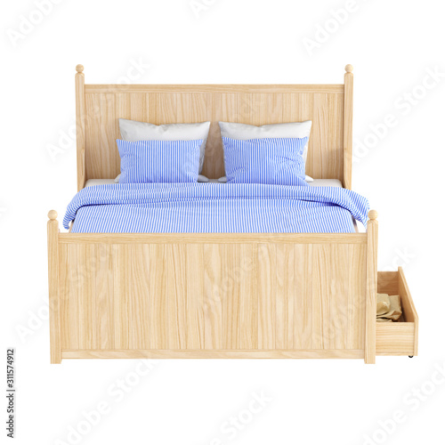 Light wood double bed with blue linen on a white background. 3d rendering