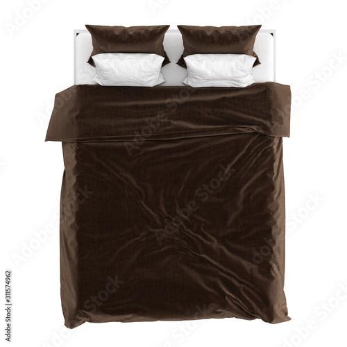 Double bed with brown pillows and a blanket on a white background. 3d rendering