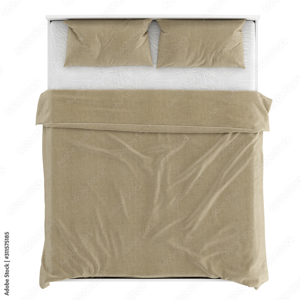 White wooden double bed with beige linen. Top view. 3d rendering White wooden double bed with beige linen. Top view. 3d rendering