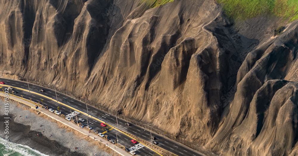 Aerial view of the unstable cliff of Lima city in Miraflores district.