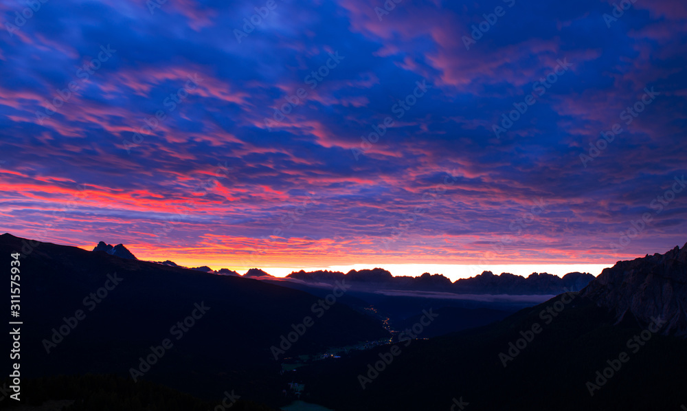 Sunrise over the mountains. Dolomites. Italy.