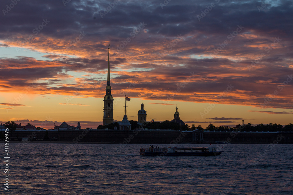 sunset view of Peter and Paul fortress St. Petersburg