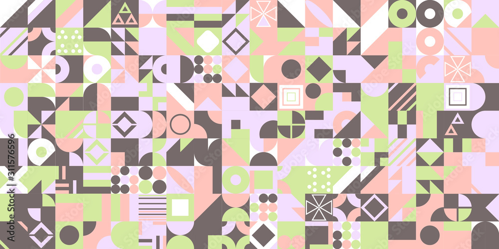 Abstract multicolored geometric pattern. . Different geometric figures background. Flat minimal style. Template for your design, wallpaper, banner, poster, flyer Abstract multicolored geometric pattern. . Different geometric figures background. Flat minimal style. Template for your design, wallpaper, banner, poster, flyer