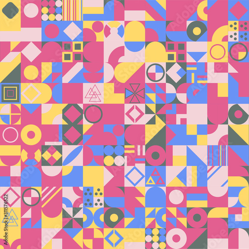 Abstract multicolored geometric pattern. . Different geometric figures background. Flat minimal style. Template for your design, wallpaper, banner, poster, flyer