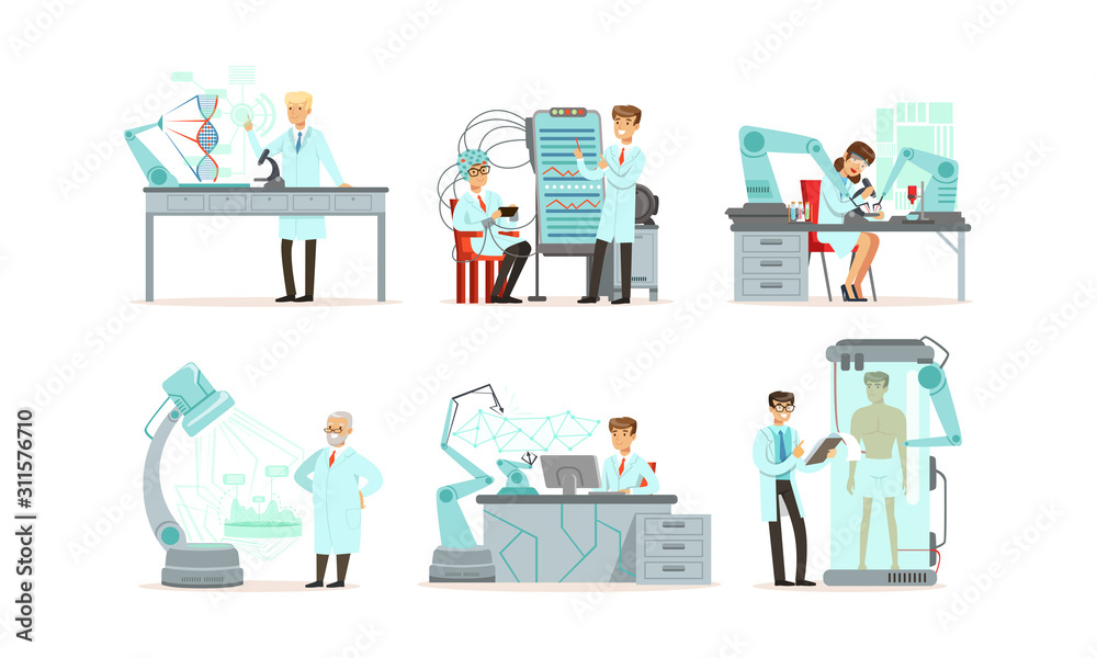 Scientists Working in Laboratory with Robots Vector Illustrations Set. Artificial Intelligence Concept Scientists Working in Laboratory with Robots Vector Illustrations Set. Artificial Intelligence Concept