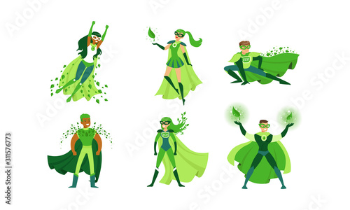 Eco Superheroes Wearing Green Costumes Vector Illustrations Set