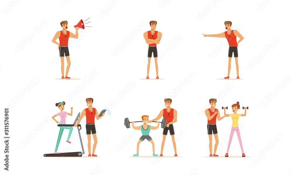Personal Gym Coach Helping People Characters Training Vector Illustrations Set