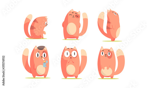 Cute Red Cartoon Cat Character Expressing Different Emotions Vector Set