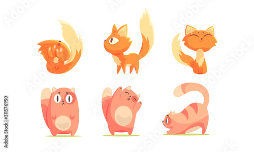 Cute Red and Ginger Cartoon Cat Character Expressing Different Emotions Vector Set