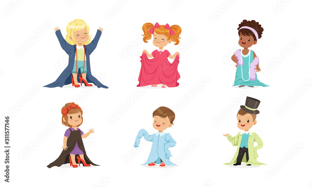 Kids Playing Adult Wearing Parents Clothing Items Vector Set
