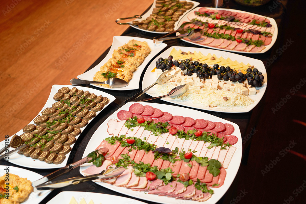 Food background, close-up. Catering buffet food in hotel restaurant. Stock  Photo | Adobe Stock