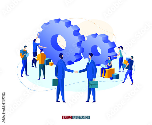 Trendy flat illustration. Teamwork metaphor concept. Cooperation of people who implement the joint idea. Businessman handshake. Template for your design works. Vector graphics.
