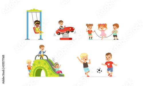 Little Children Playing at Playground Vector Illustrations Set. Careless Childhood Concept