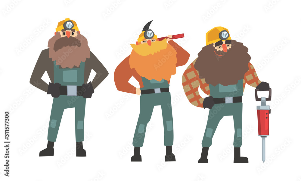 Broad-Shouldered Miner Characters Wearing Mining Robe Vector Set Broad-Shouldered Miner Characters Wearing Mining Robe Vector Set