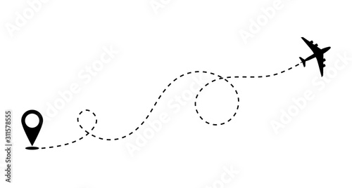 Airplane route path icon. Vector plane flight line trace, travel fly plan