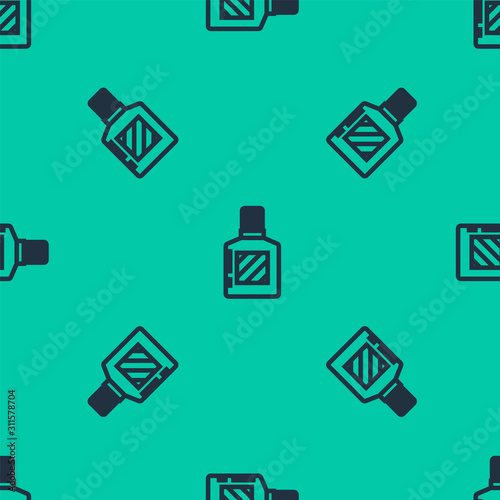 Blue line Aftershave icon isolated seamless pattern on green background. Cologne spray icon. Male perfume bottle.  Vector Illustration