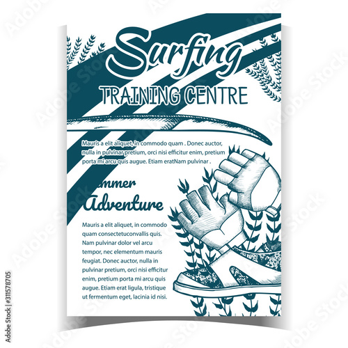 Gloves, Surfing Shoes And Seaweed Banner Vector. Swimming Gloves Part Of Wetsuit And Surfboard On Surfing Training Centre Advertising Poster. Summer Adventure Monochrome Illustration