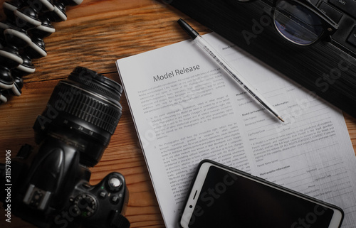 model release document on the table close up,