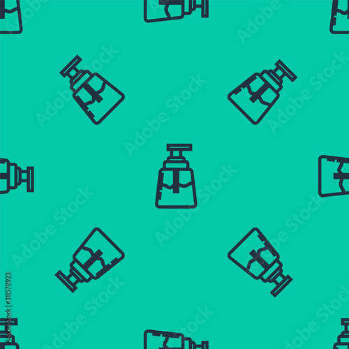 Blue line Aftershave icon isolated seamless pattern on green background. Cologne spray icon. Male perfume bottle.  Vector Illustration