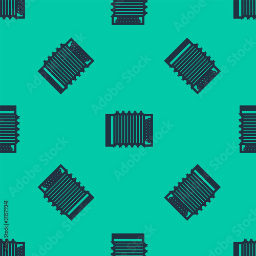 Blue line Musical instrument accordion icon isolated seamless pattern on green background. Classical bayan, harmonic.  Vector Illustration