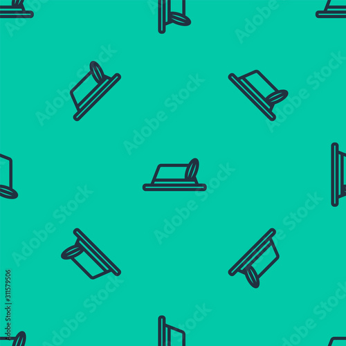 Blue line Oktoberfest hat icon isolated seamless pattern on green background. Hunter hat with feather. German hat.  Vector Illustration
