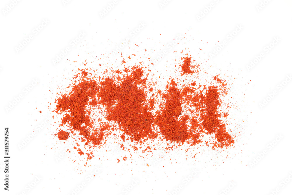 Red pepper powder isolated on white background, top view