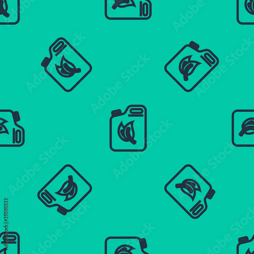 Blue line Bio fuel canister icon isolated seamless pattern on green background. Eco bio and barrel. Green environment and recycle.  Vector Illustration