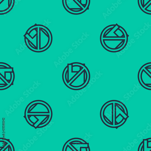 Blue line Say no to plastic bags poster icon isolated seamless pattern on green background. Disposable cellophane and polythene package prohibition sign.  Vector Illustration