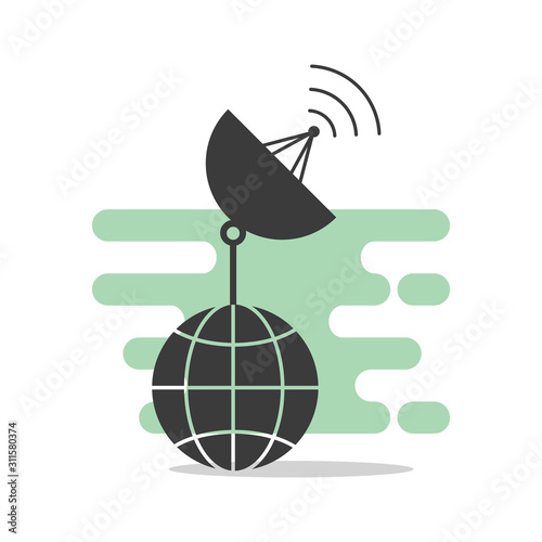Satellite antenna or dish icon on top of the globe. Flat style illustration. Isolated. 