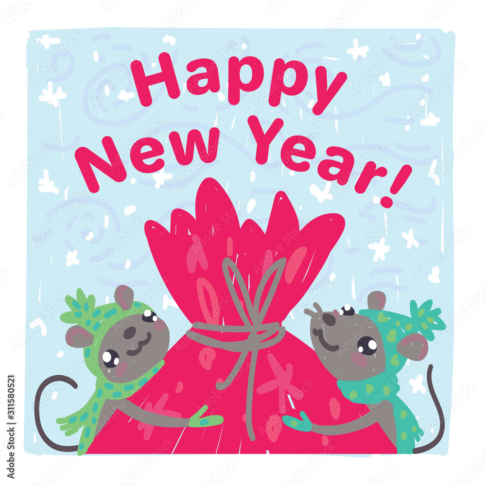 Obraz premium New Year card design. Colorful vector illustration of two cute mice hugging Christmas bag full of gifts in hand drawn sketch style isolated on white background. Happy New Year Xmas greeting.