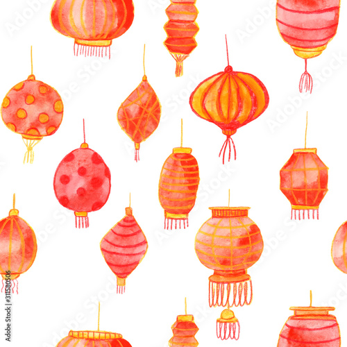 Seamless pattern with traditional paper chinese lanterns. Hand drawn with watercolor and colored pencils. Chinese New Year 2020. For greeting cards, prints, wrapping paper and fabric design