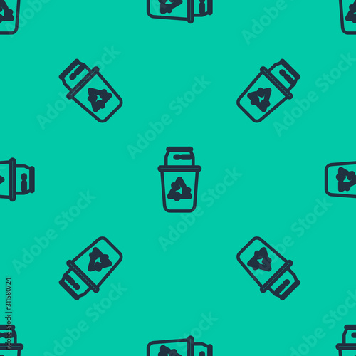Blue line Recycle bin with recycle symbol and can icon isolated seamless pattern on green background. Trash can icon. Garbage bin sign. Recycle basket sign. Vector Illustration