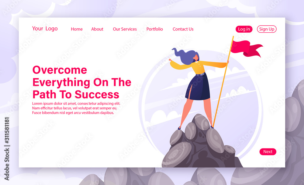 Motivational concept for website landing page, web page. Flat cartoon business woman character hoisted flag on mountain top. Concept and metaphor of success in business, leadership, achievement of goa