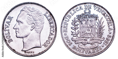Venezuelan coin one bolier in 1989, Simon Bolivar head, silver. Concept for design. Currency devaluation. photo