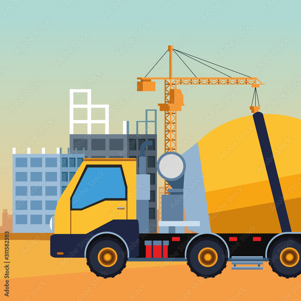 concrete mixer truck over under construction scenery background
