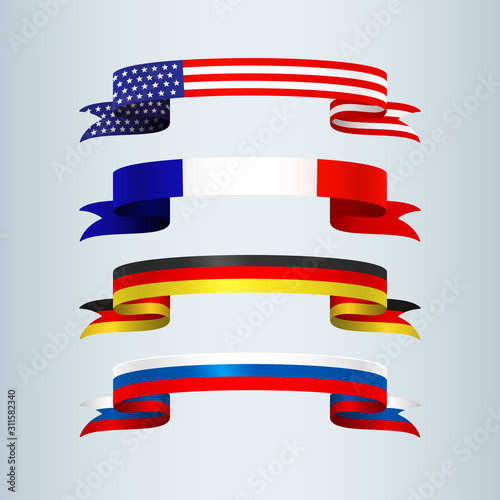 Flag ribbon of America USA France Germany Russia Set collection of bright curved banner ribbons icon ribbon Flags national colors of the countries of America USA France Germany Russia Vector icon flag