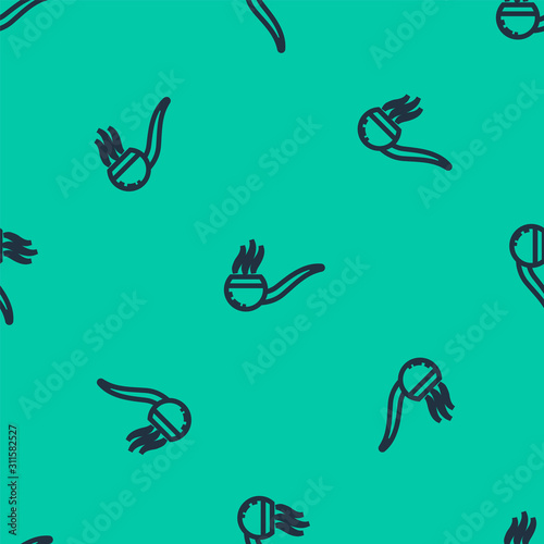 Blue line Smoking pipe with smoke icon isolated seamless pattern on green background. Tobacco pipe. Vector Illustration