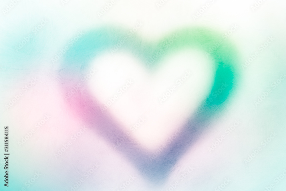 Colorful love, Happy birthday, Mother’s Day, Valentines card, wedding invitation concepts. Abstract blurred watercolor wallpaper texture of blurry neon rainbow colored heart on white fleecy background