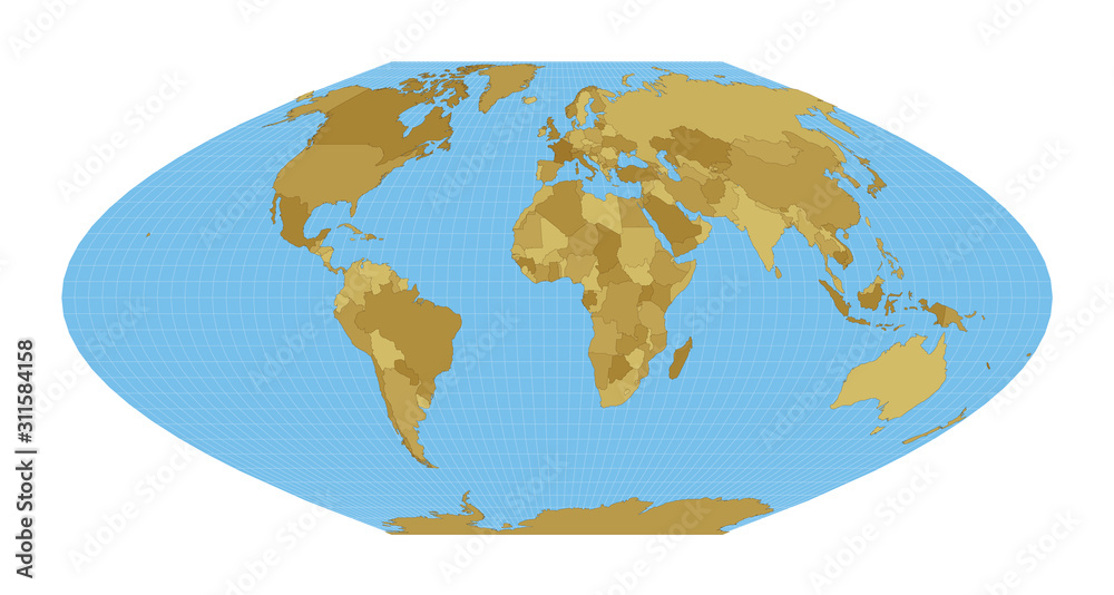 World Map. McBryde-Thomas flat-polar parabolic pseudocylindrical equal-area projection. Map of the world with meridians on blue background. Vector illustration.