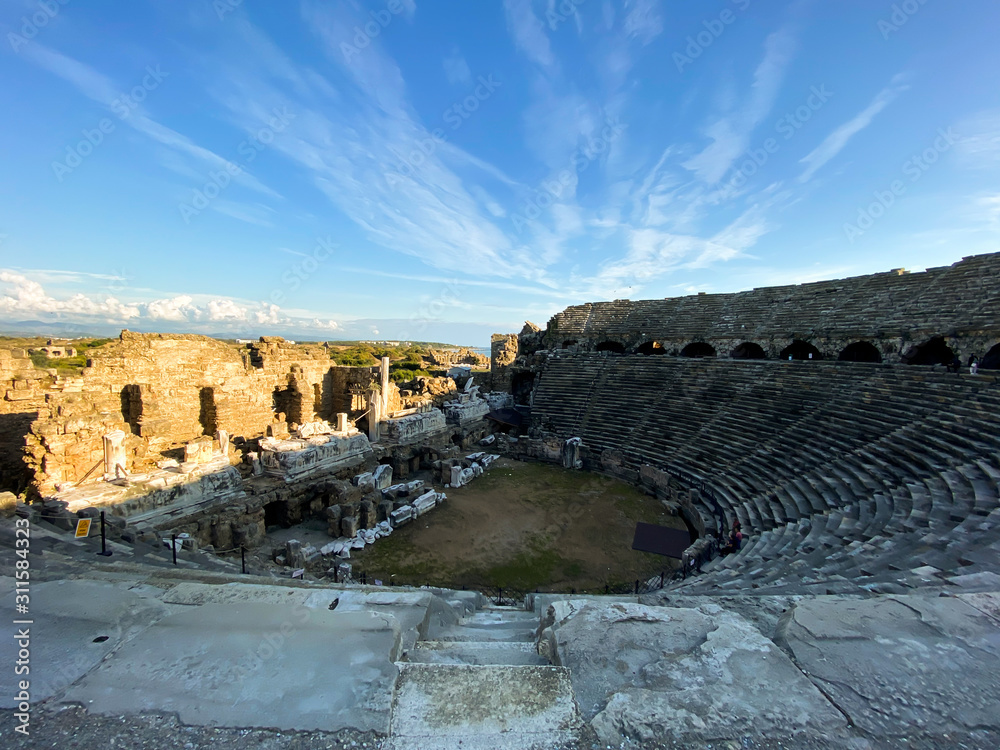 Antique theater in the ancient city of Side. Roman antique theater. The ruins of the old city. Cappadocia Turkey. November 5, 2019.