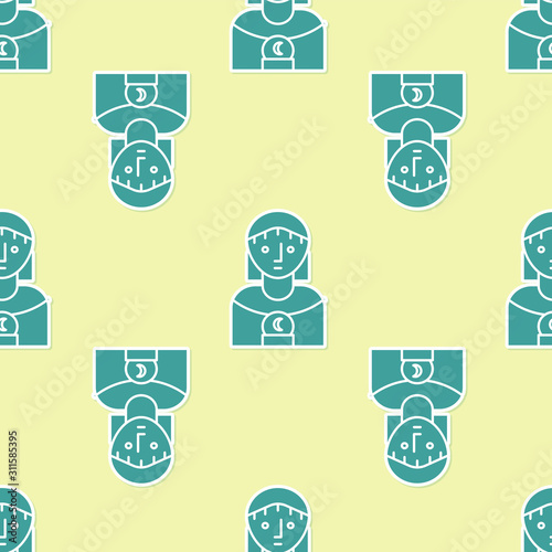 Green Astrology woman icon isolated seamless pattern on yellow background. Vector Illustration