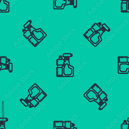 Blue line Plastic bottles for liquid laundry detergent, bleach, dishwashing liquid or another cleaning agent icon isolated seamless pattern on green background. Vector Illustration