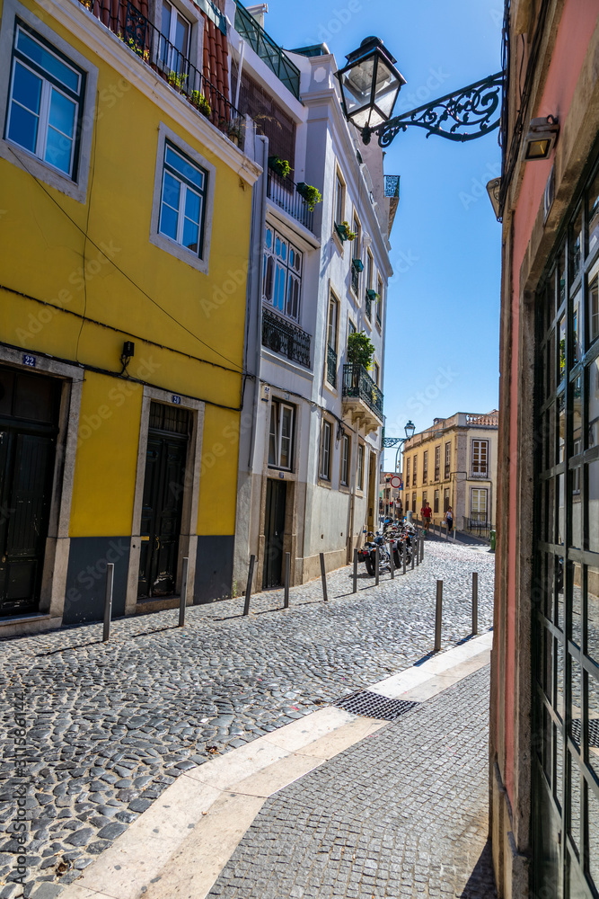 Old building facades in old city of Lisboa in Portugal in summer