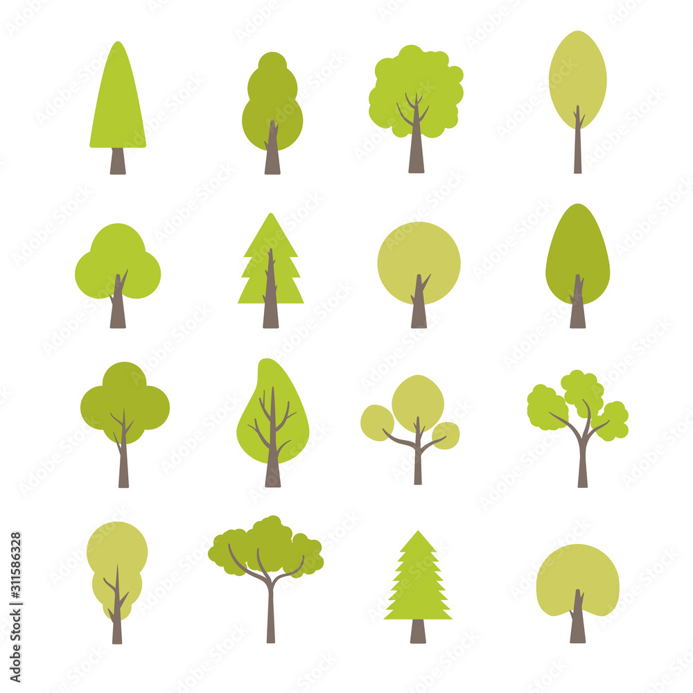 Flat trees set. Flat forest tree nature plant isolated eco foliage